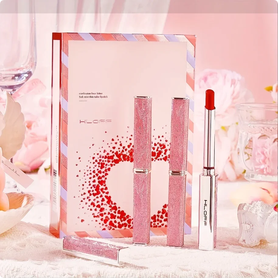 Conjunto de batom de tubo fino e neblina suave para confissão de dia dos namorados, presente romântico para seu kit de maquiagem labial perfeito