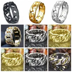 Fashion Hip Hop Rock Ring Bling Iced Out Cuban Link Chain Micro Pave CZ Crystal Ring For Women And Man Couple RIng Party Jewelry