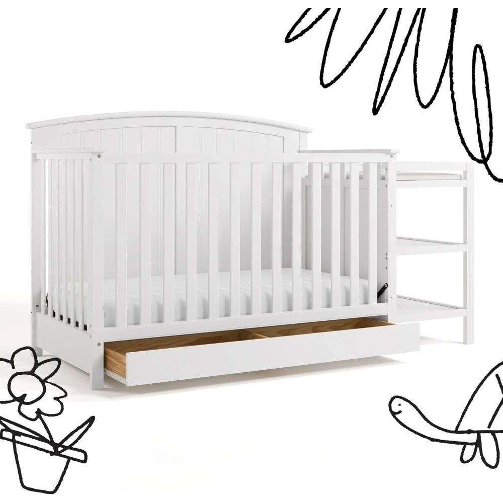 US Shipping Hot New Convertible Crib and Changer 5 in 1 GREENGUARD Gold Certified Converts to Toddler Bed and Full Bed Fits