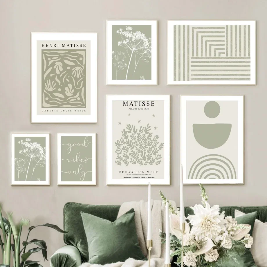 بوهو مجردة أوراق زهرة ماتيس فن الحائط ، خط النبات ، لوحة قماش ، ملصق الشمال ، صورة ، ديكور غرفة المعيشة ، امرأة #2