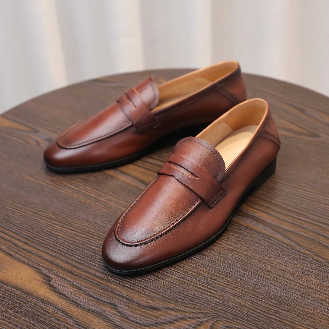 Solid Round Head Leather Male Loafers Cover Heel Men Casual Shoes Spring Slip on Flats Fashion Dress Shoes Zapatos De Hombre