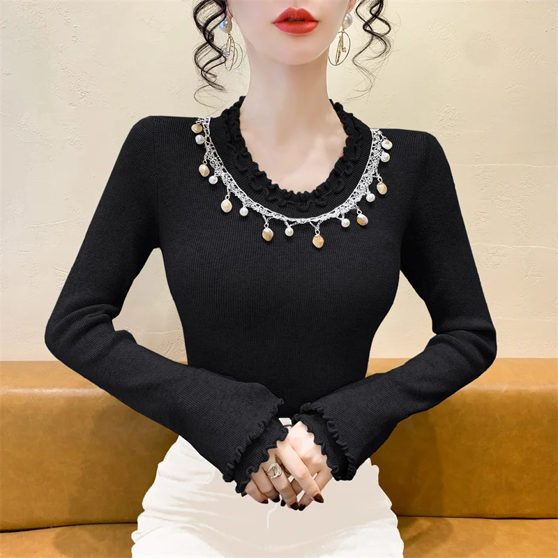 2025، جديد، أوروبي، ملابس، محبوكة، سترة، نسائي، موضة، مثير، رقبة دائرية، دانتيل عرقي، مطرز بالخرز، كم طويل، بلوفر، كشكشة، بلايز، 412125