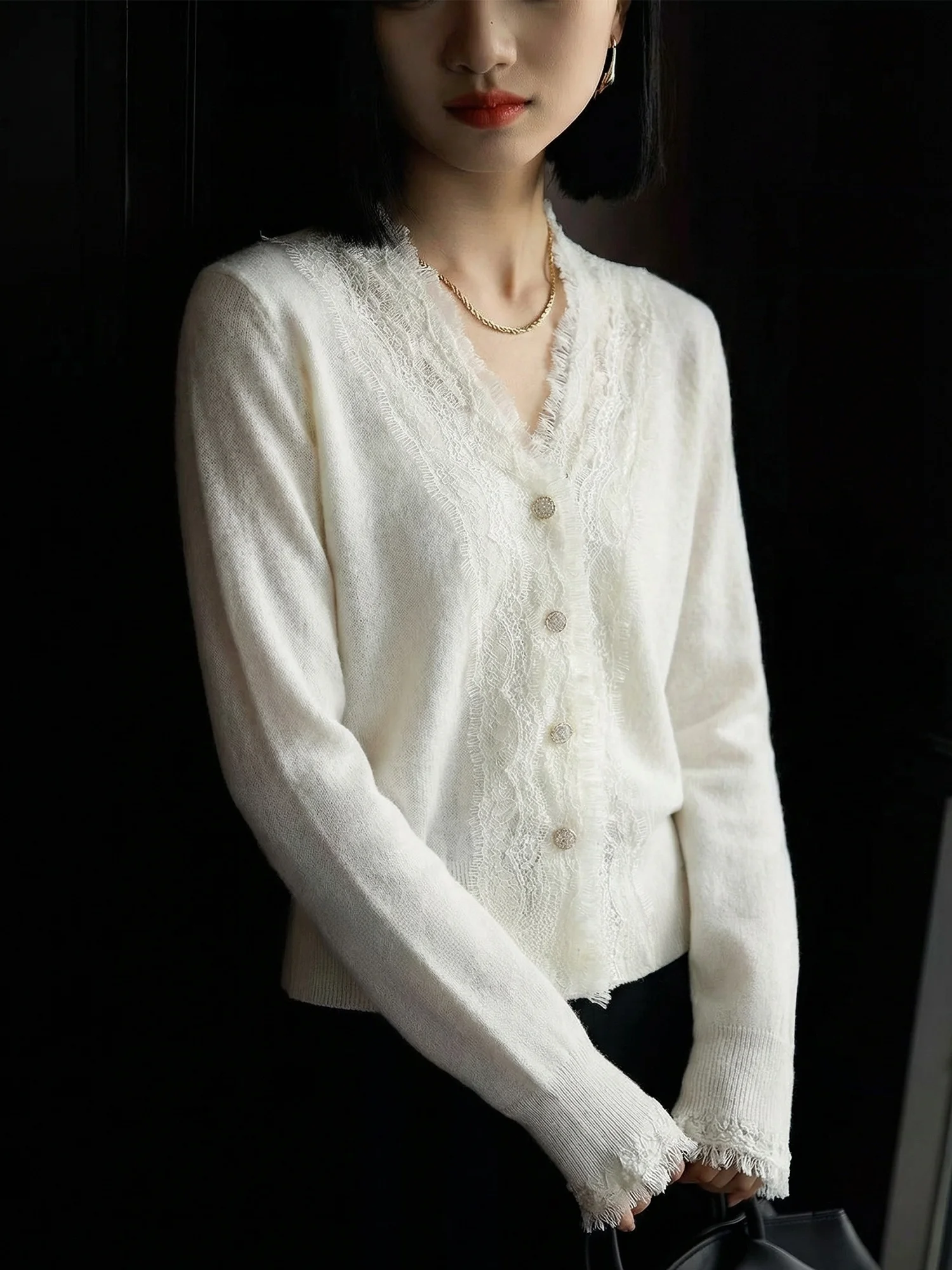 

Chivirin Lace Knitted V-Neck White Cashmere Open Cardigan Women's Fashion Spring Autumn Slimming Versatile Sweater Jacket