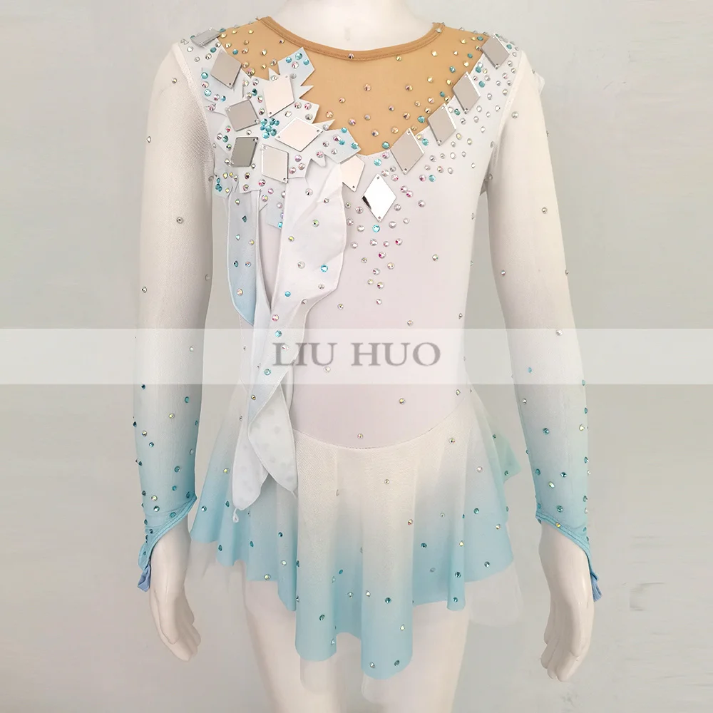 LIUHUO Ice Dance Figure Skating Dress Women Girl Teen Customize Costume Performance Competition Leotard Roller Light Blue Child