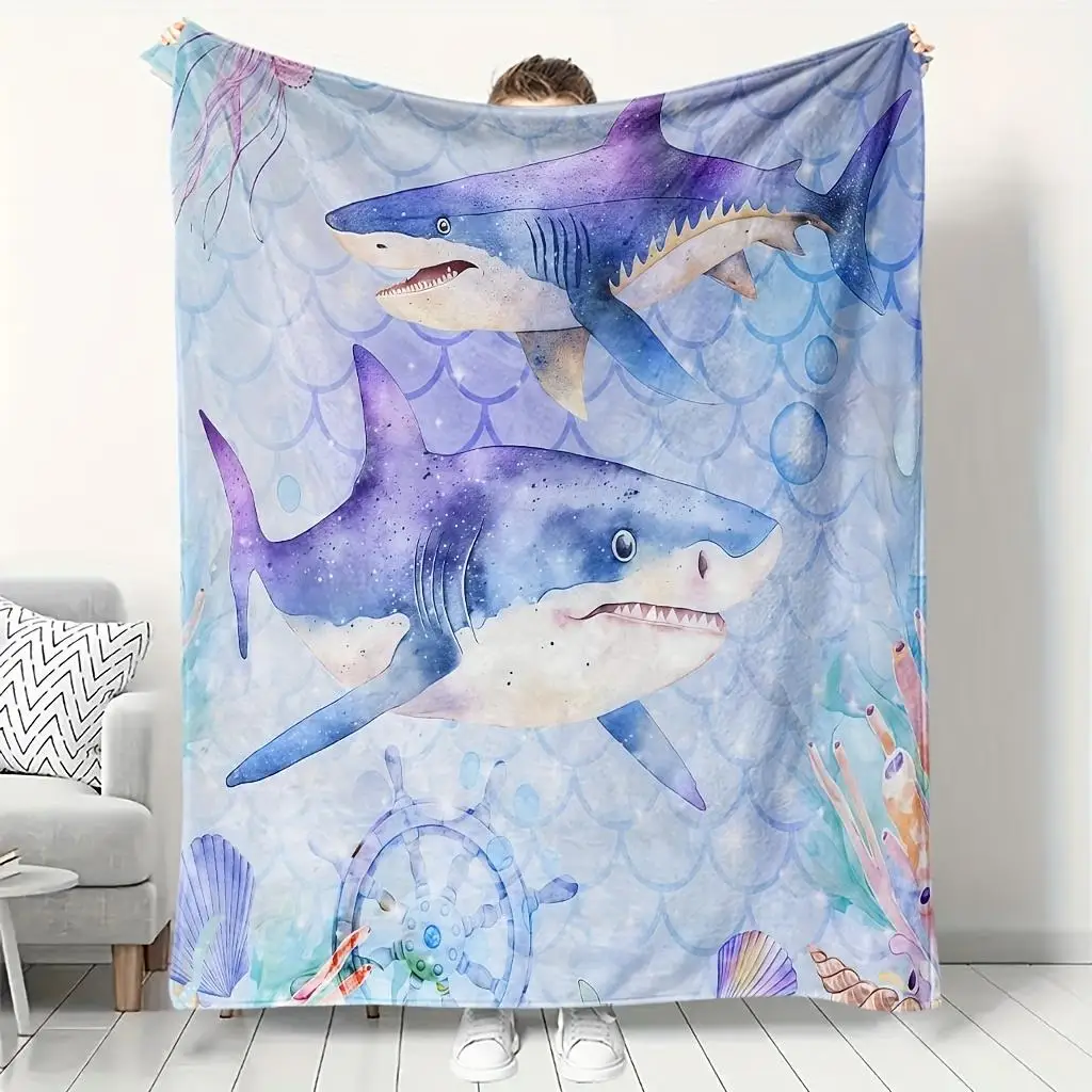 Cozy Ocean Theme Throw blanket - Scandinavian Style Shark & Coral Reef Design, Soft Breathable Polyester, All