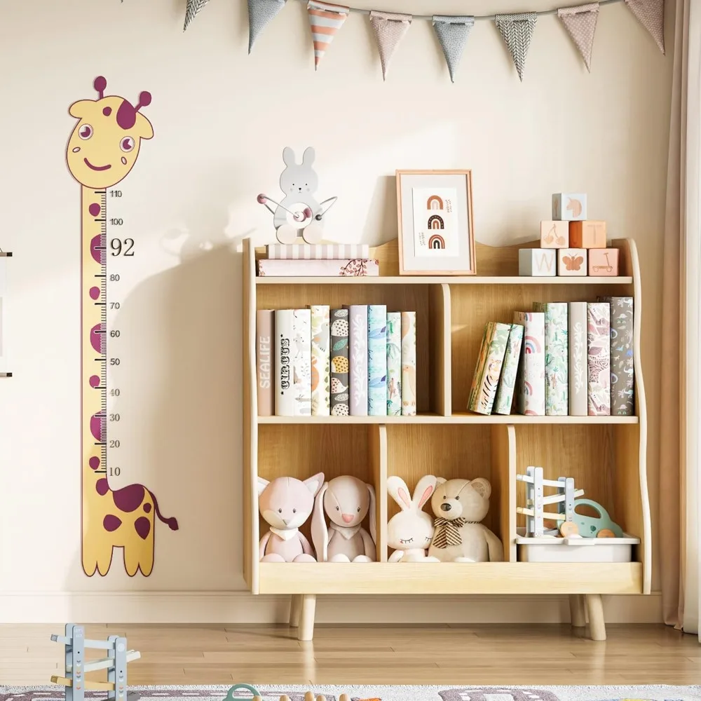 رف كتب للأطفال ومنظم تخزين الألعاب، خزانة كتب خشبية للأطفال مكونة من 3 طبقات بتصميم منحني، 5 خزانة تخزين ألعاب