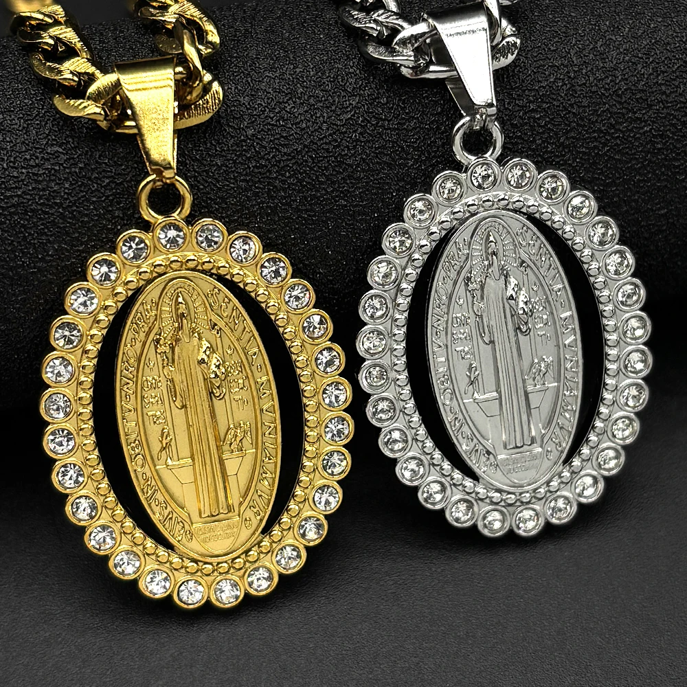 

Catholic Rhinestones Saint Benedict Pendant Necklace for Women Men Stainless Steel Gold Color San Benito Hip Hop Chain Jewelry