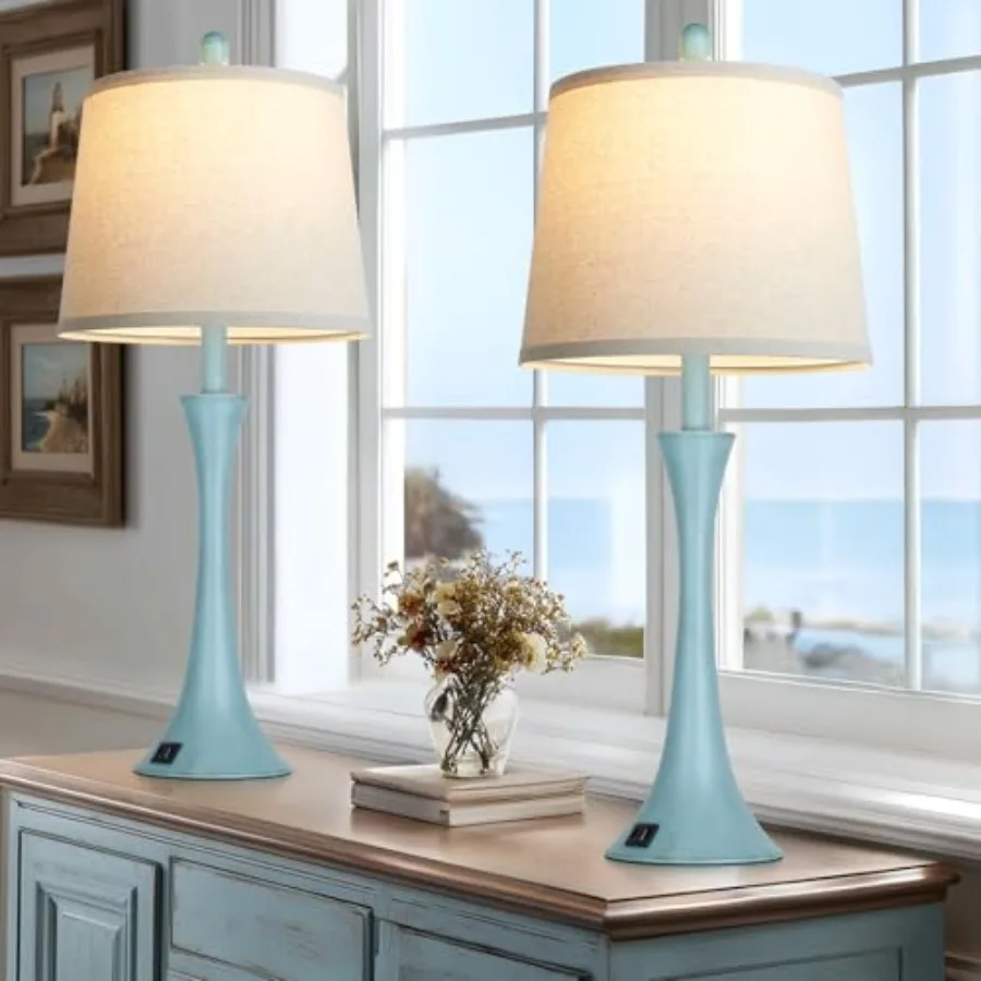 

Blue Metal Table Lamp Set of 2 with USB C+A Ports Bedside Lamp Modern Bedroom Lamps Coastal Lamp for Night Stands Bedroom Livin