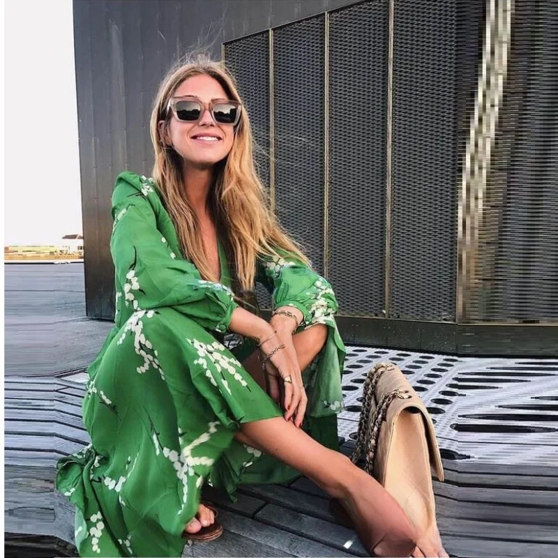 Romantic Floral Print Wrap Dress Women's Midi Holiday Dress Green Rice Grain Fragrant Street Style High Waist Bubble Sleeve
