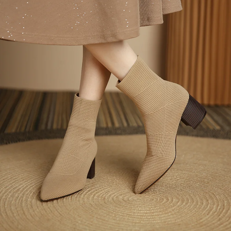 

Knitted cotton short tube women's European and American pointed boots thick heel slim boots women's boots