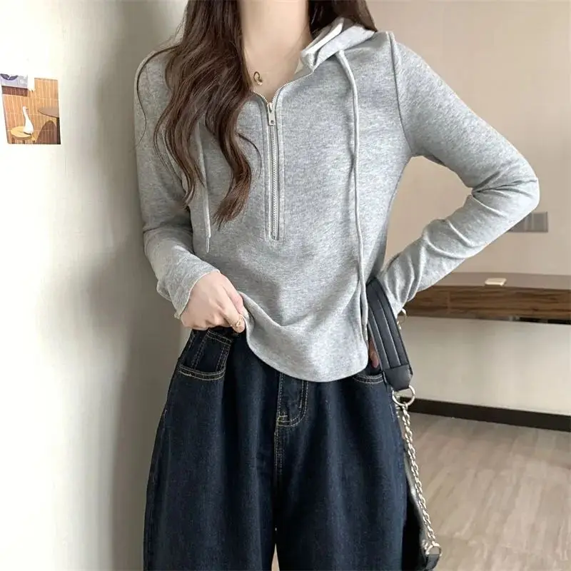 Women\'s Autumn Casual Simplicity Solid Color Long Sleeve Hoodies Women Clothes Fashion Elegant All-match Temperament Slim Tops