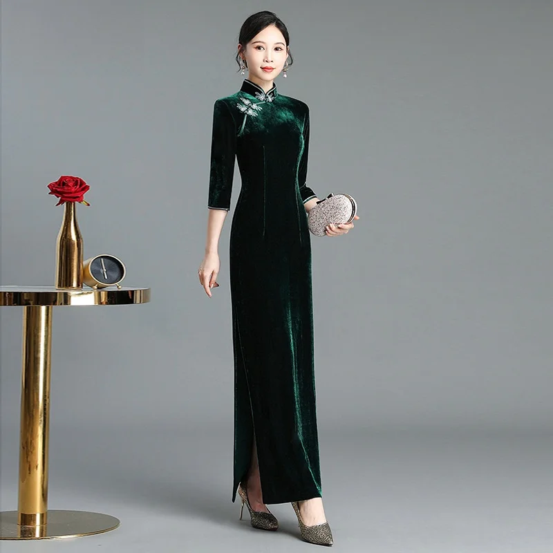 

Winter Mom Velvet Qipao Wedding Dr Improved Version Long Dr for Middle Aged And ly Women