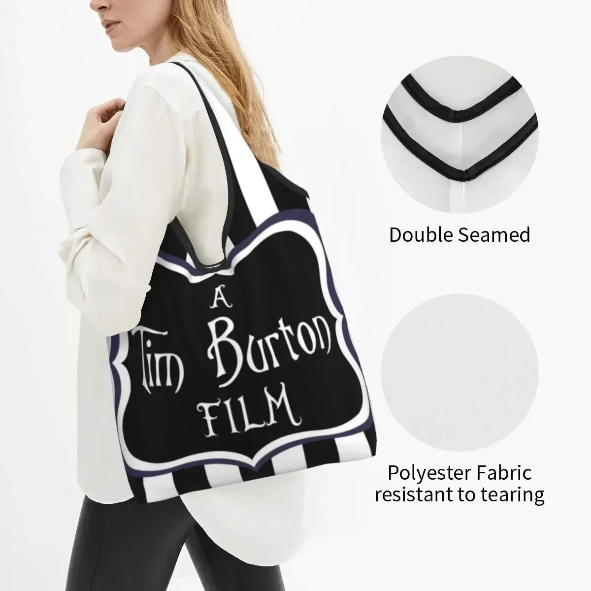 A Tim Burton Film Groceries Shopping Bags Custom Shopper Shoulder Tote Bag Big Capacity Portable Horror Fantasy Movie Handbag