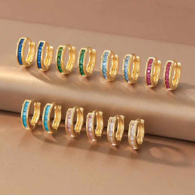 Simple Temperament Single Row Rectangle Channel Colored Zircon Huggie Hoop Earrings for Women Colorfast Stainless Steel Jewelry