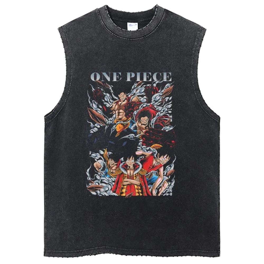 One Piece Vest Washed T-Shirt Anime Guts Graphic Tank Top Cotton Sleeveless Streetwear Loose Trend T Shirt Men\'s Clothing Unisex