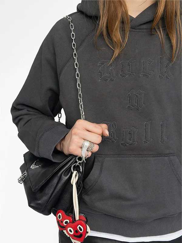 Ladies Fleece-lined Hoodie with Embroidered Hand-cranked Letter Wings Special Stitching Early Autumn New Style Small Audience