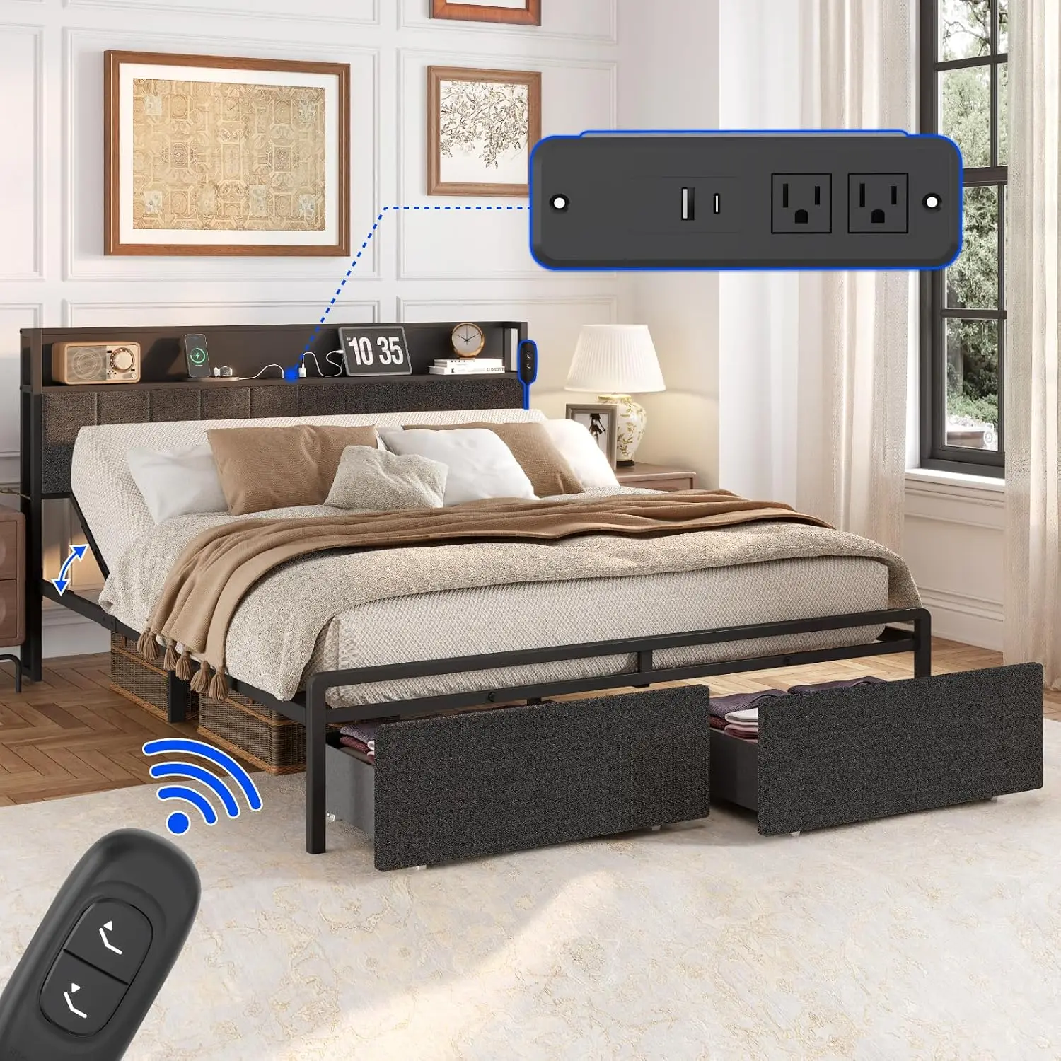 Adjustable Bed Base with Storage Headboard, Charging Station, Head Incline, LED Light, Wired Remote, 600 lb Capacity