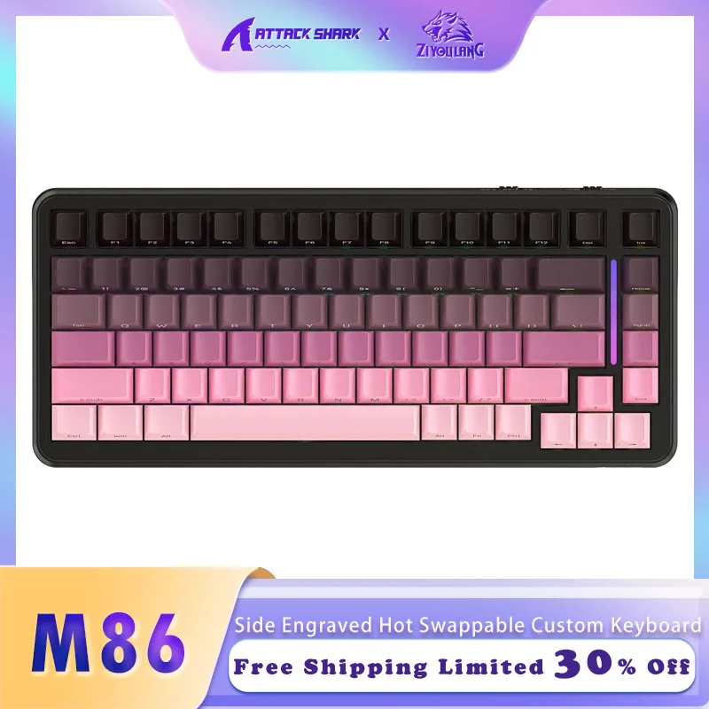 

Механическая клавиатура ZIYOULANG & ATTACK SHARK M86, 75% трехрежимная (BT/2,4G/USB-C), беспроводная RGB-клавиатура с боковой гравировкой, возможностью горячей замены