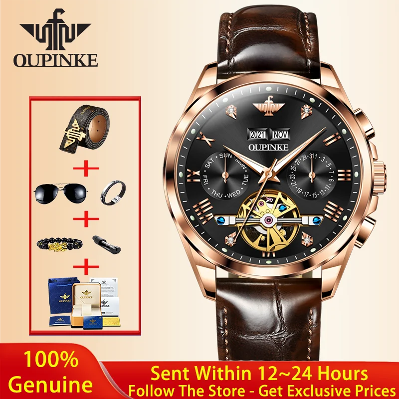 OUPINKE 3186 Tourbillon Men Watch Luxury Original Automatic Mechanical Watch Sapphire Mirror Waterproof Moonphase Men Watch