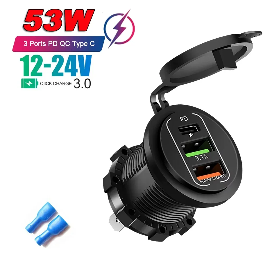 Autoladegerät PD+QC3.0 USB TYPE-C Ladegerät Wasserdichte Steckdose Netzteil Universal 12-24V für Motorrad LKW ATV Boot
