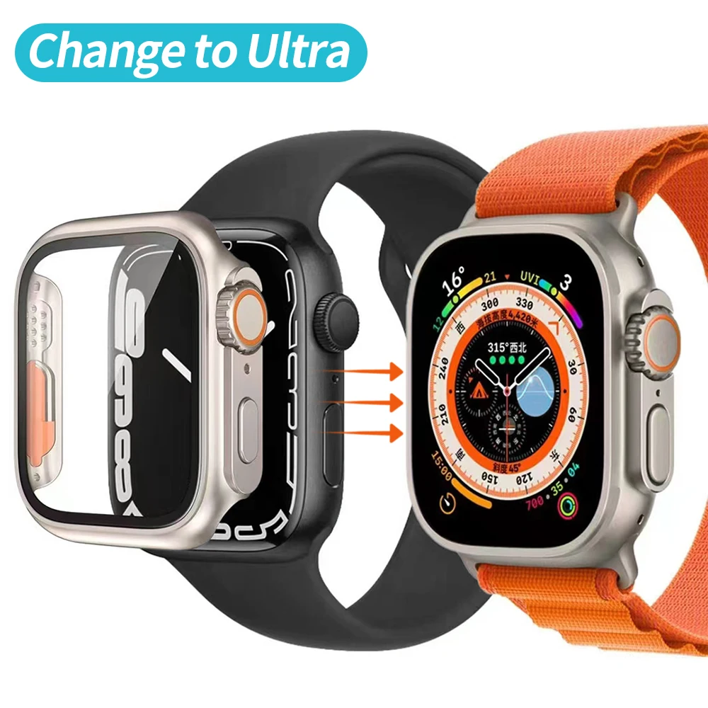 Glass+Case pour Apple Watch Case Series 8 7 45mm 41mm Screen Protector Cover Change to Ultra For iWatch 4 5 6 SE 44mm 40mm Bumper Cover