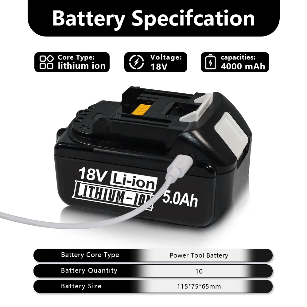 

For Makita 18V Power Tools 3Ah 4Ah 5Ah 6Ah Battery Type-C Charging Port FOR Makita BL1830 BL1830B BL1840 BL1840B BL1850 BL1850B