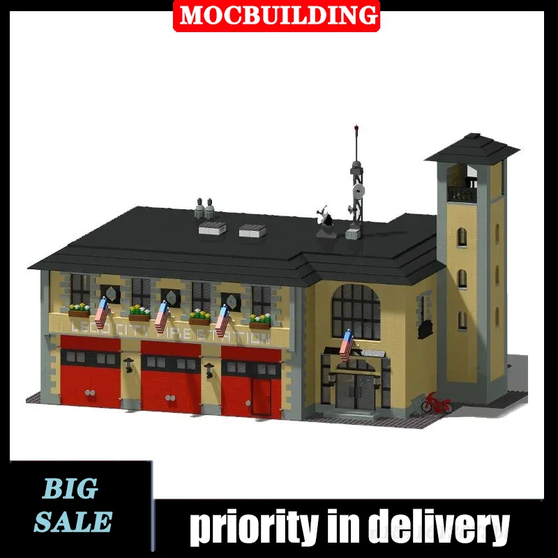 MOC City Building Fire Station Model Building Block Assembly Fire Truck Garage Street View Collection Series Toy Gifts