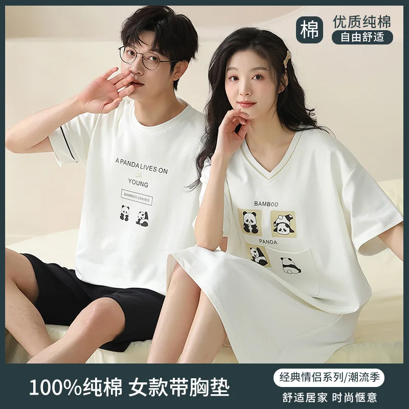 

Летний пижамный комплект из 100% хлопка для пар, мужские шорты с короткими рукавами, ночная рубашка, женская милая ночная рубашка с рисунком панды, пижама homme