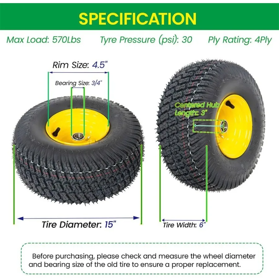 2 Pack 15x6.00-6 Lawn Mower Tire and Wheel, 4 Ply Tubeless Tire with Steel Rim, 3/4 Bearing, 3 Centered Hub, Replacement for Ri