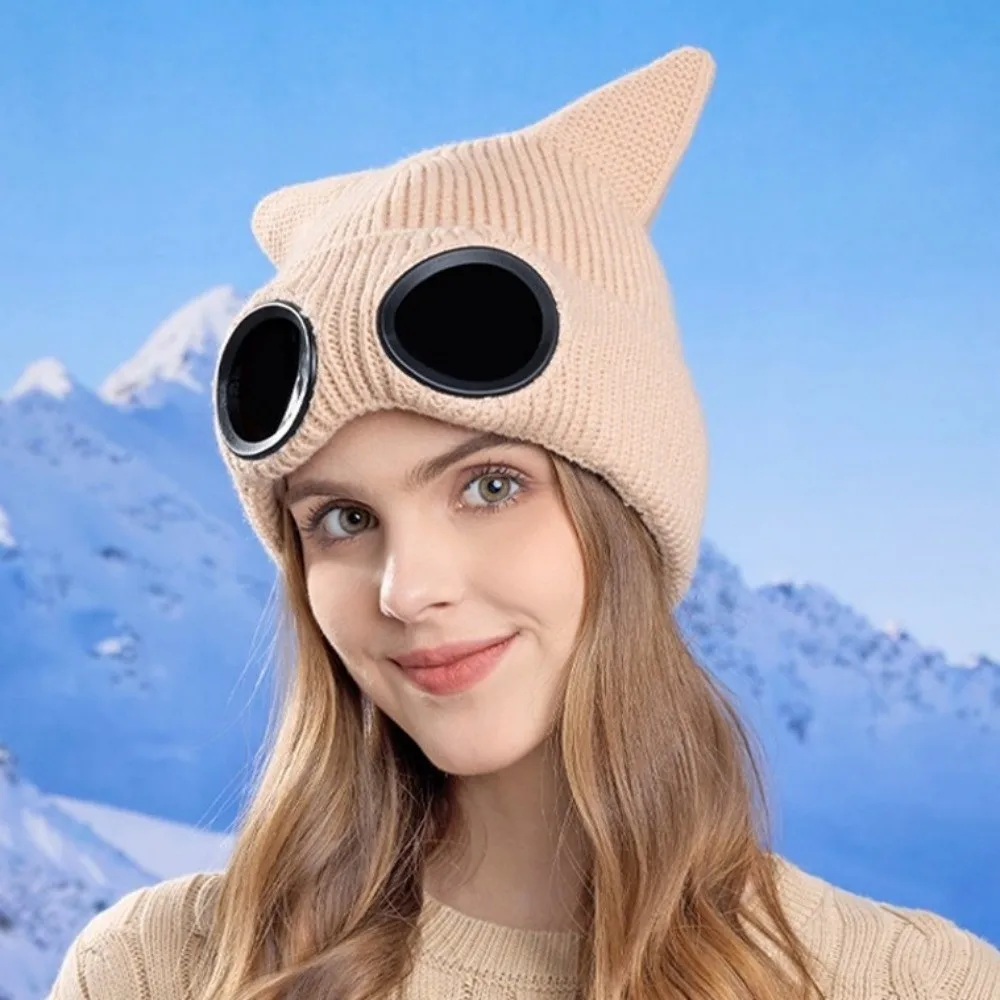 Fashion Warm Winter Beanie Lining Windproof Skullies Hat Soft Elastic Knitted Goggles Hat Outdoor