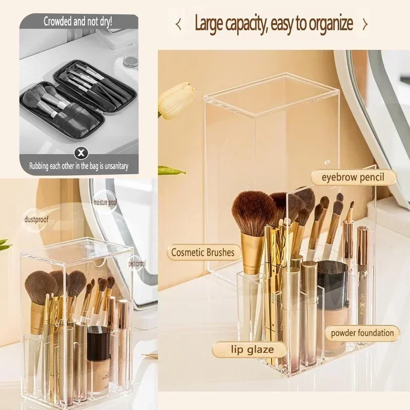 Large Capacity Makeup Brush Storage Box Cosmetic Organizer with Lid Thickened Acrylic Brushes Holder Dust Proof for Vanity