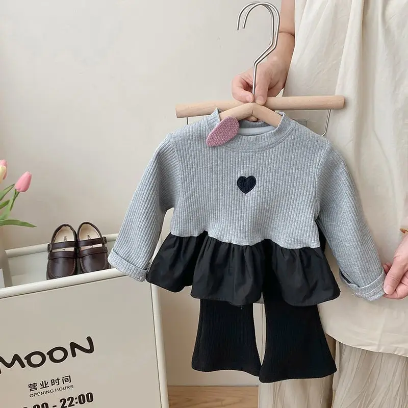 Spring and Autumn Girls Suit Baby Foreign Style Children's Trendy Internet Celebrity Korean  Lace Love Top Flared Pants