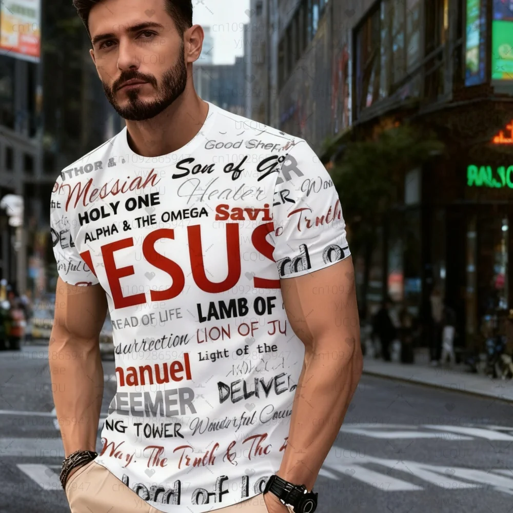 

New 2025 Men Jersey T-Shirt Retro 3d Jesus Letter Print Short Sleeve Casual Round Neck Jersey Tee Shirts Men Sport Tops Clothing