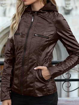 Europa Amerika Frauen Kleidung Leder Jacke Frauen Abnehmbare Kapuze Zipper Long Sleeve Solide PU Frauen Leder Mantel Frauen Jacke