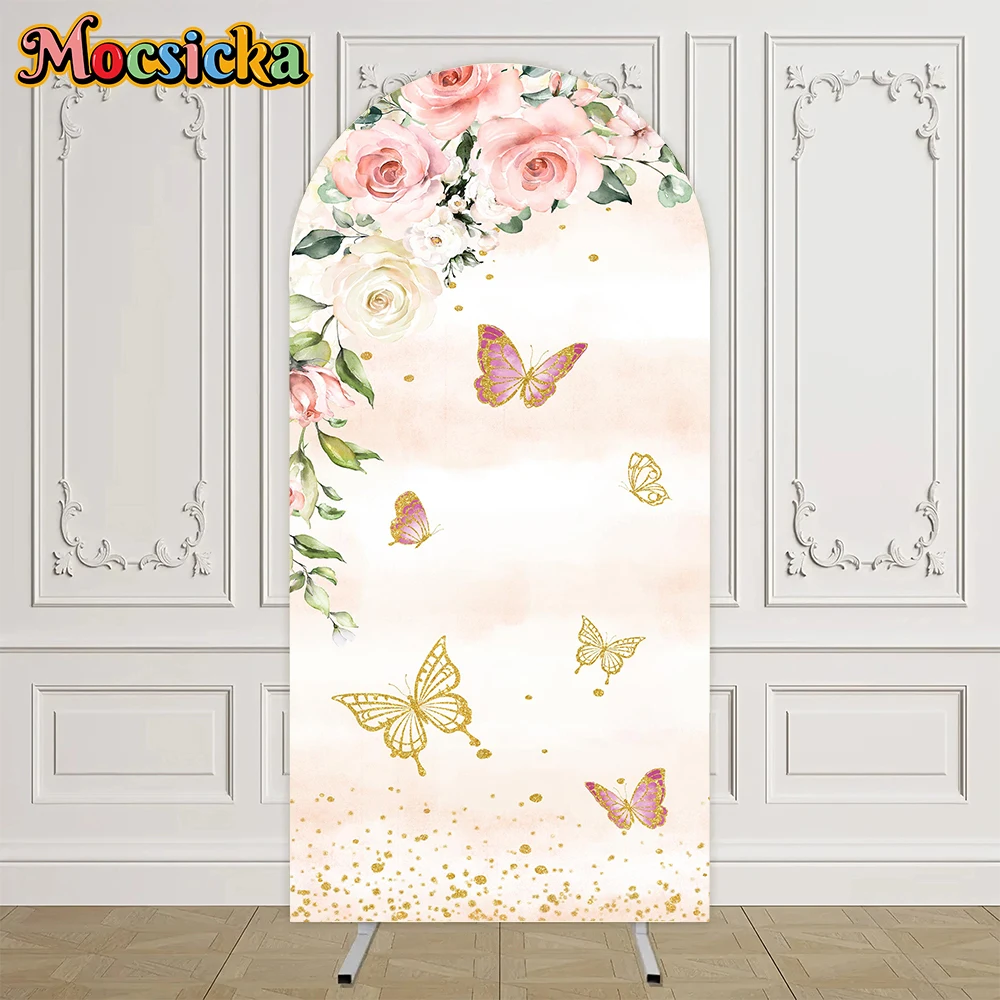 Mocsicka المائية 2 الوجهين قوس خلفية لينة الوردي الذهب الأزهار شبه دائرة الحدود الفراشات الورود البيضاء الذهب بريق النقاط