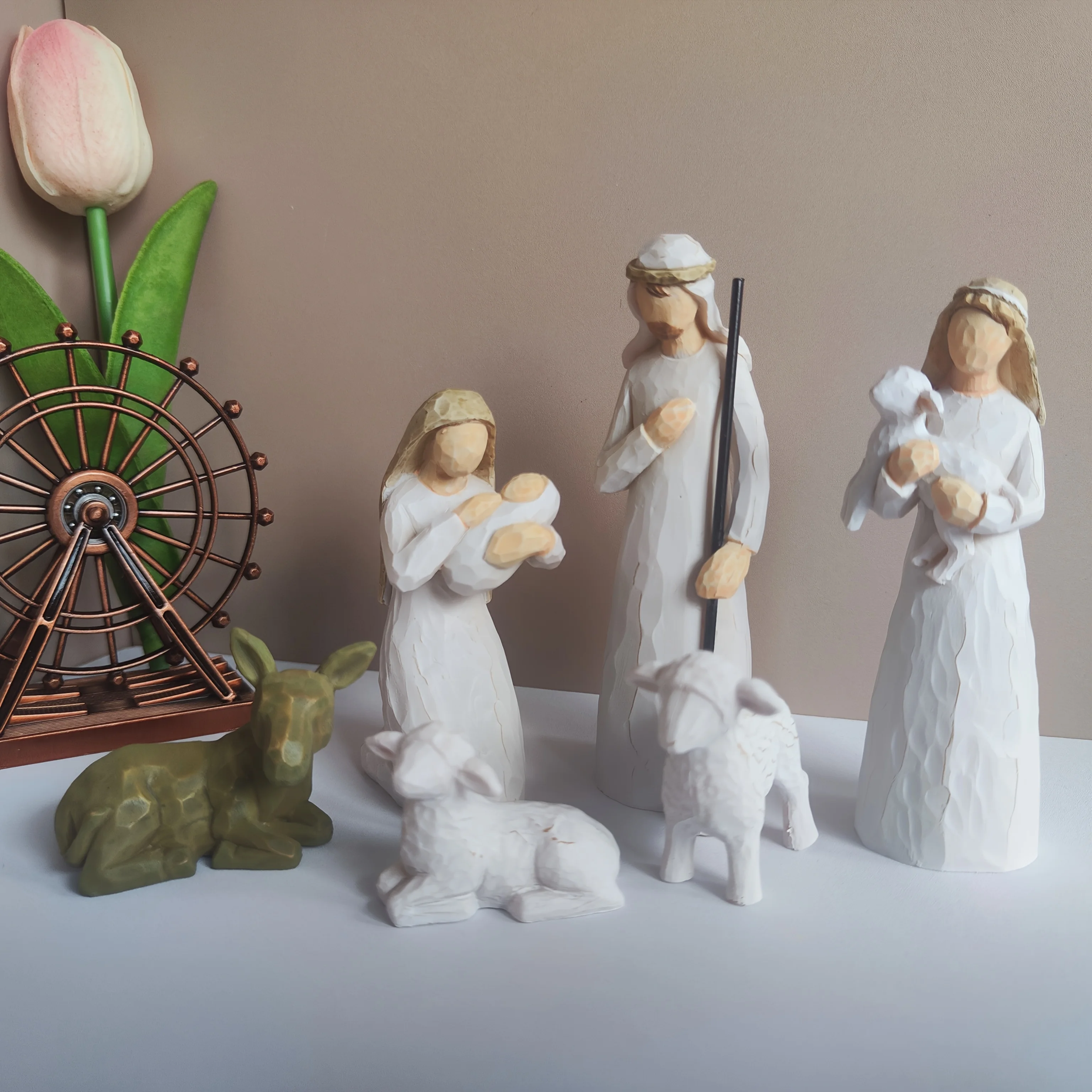 مجموعة تماثيل راتينج لمشهد المهد مجهولي الهوية مكونة من 6 قطع، ديكور عيد الميلاد لولادة يسوع، ماري جوزيف الراعي والأغنام، الحد الأدنى