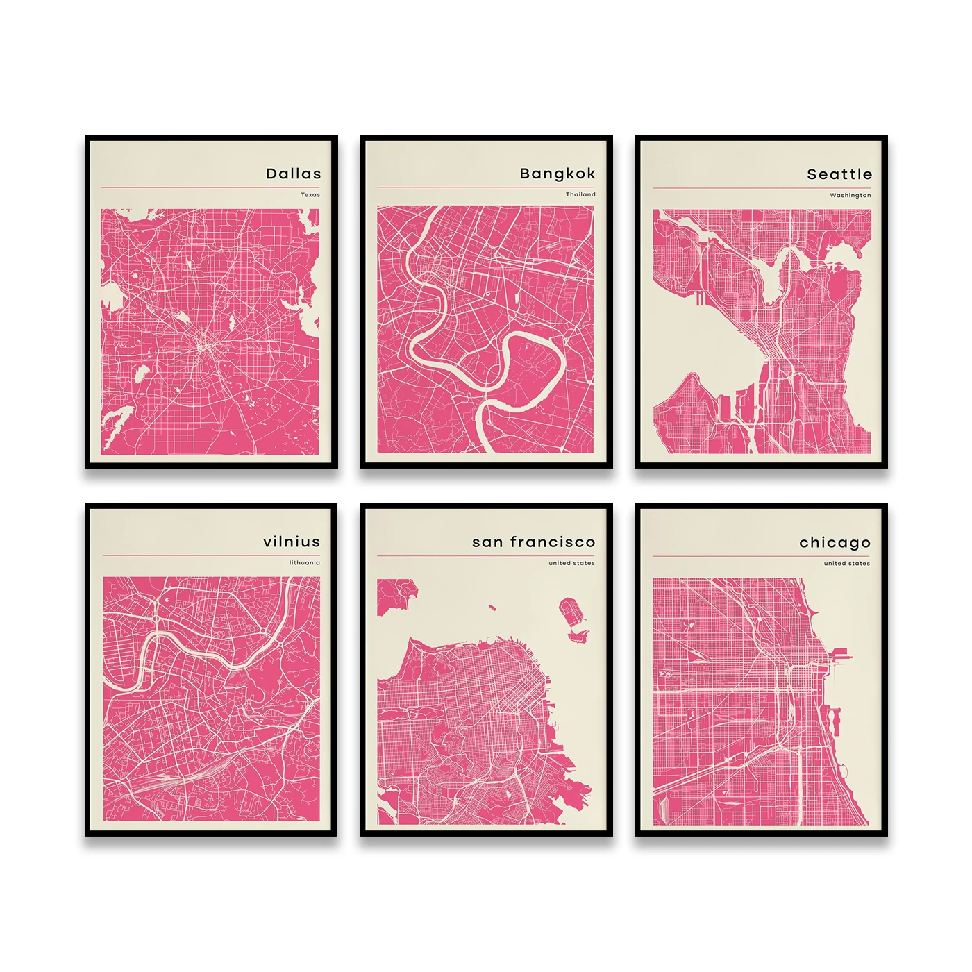 Affiche de carte de ville New York Hambourg Bangkok Seattle Dallas Chicago Shanghai San Francisco Vilnius Tokyo - Art touristique