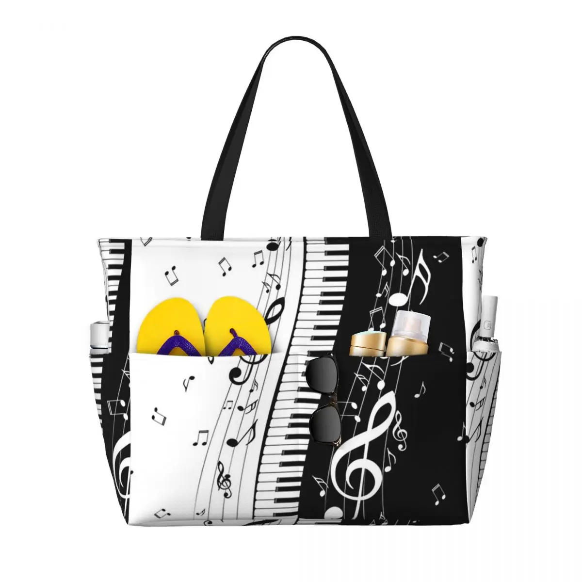 Abstract Piano Keys With Musical Notes Beach Tote Bag Sport Gym Yoga Duffle Large Tote Bag Women Travel Bag Fitness bag