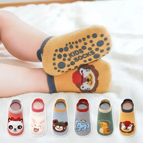 어린이용 코튼 양말, 귀여운 만화 동물 패턴, 편안한 통기성, 미끄럼 방지 바닥 양말, 6 켤레
