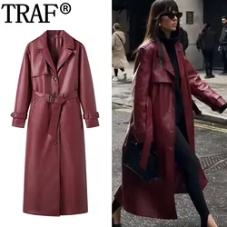 TRAF Long Trench Coat For Women Autumn Winter Belt Faux Leather Trench Coat Fashion Long Sleeve Windbreaker Woman Warm Jacket