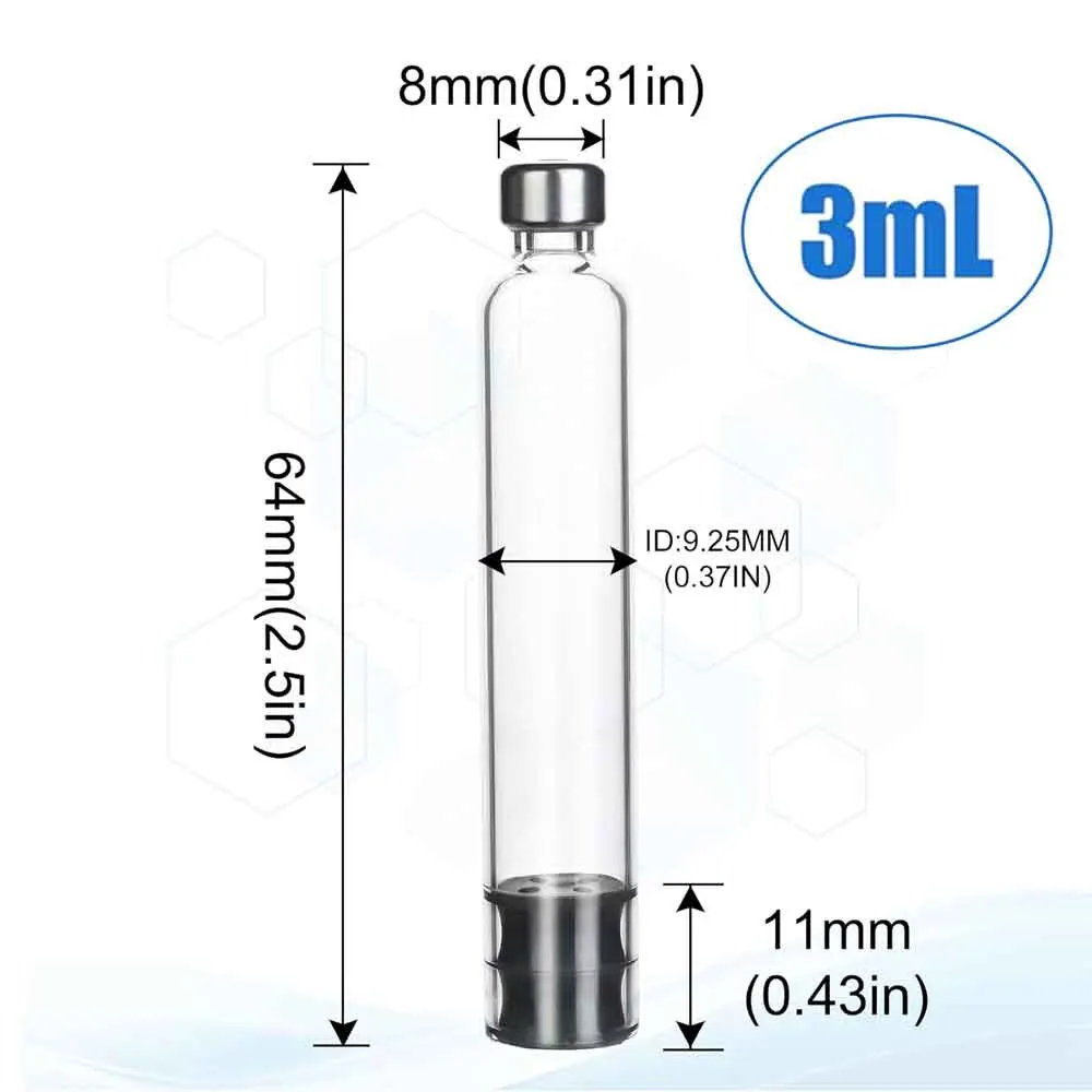 Paquete  10/20/30 cartuchos  vidrio vacíos  3 ml, estériles, envueltos individualmente, con tapón  11 mm  bolígrafos
