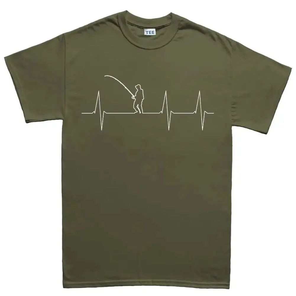 Mens Fishing Heartbeat Fisherman Bait Carp Bass T Shirt