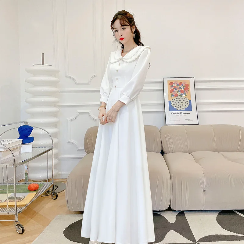 Vestido de dama de honra branco simples, colarinho chique de pérolas, manga comprida, vestido feminino elegante, novo