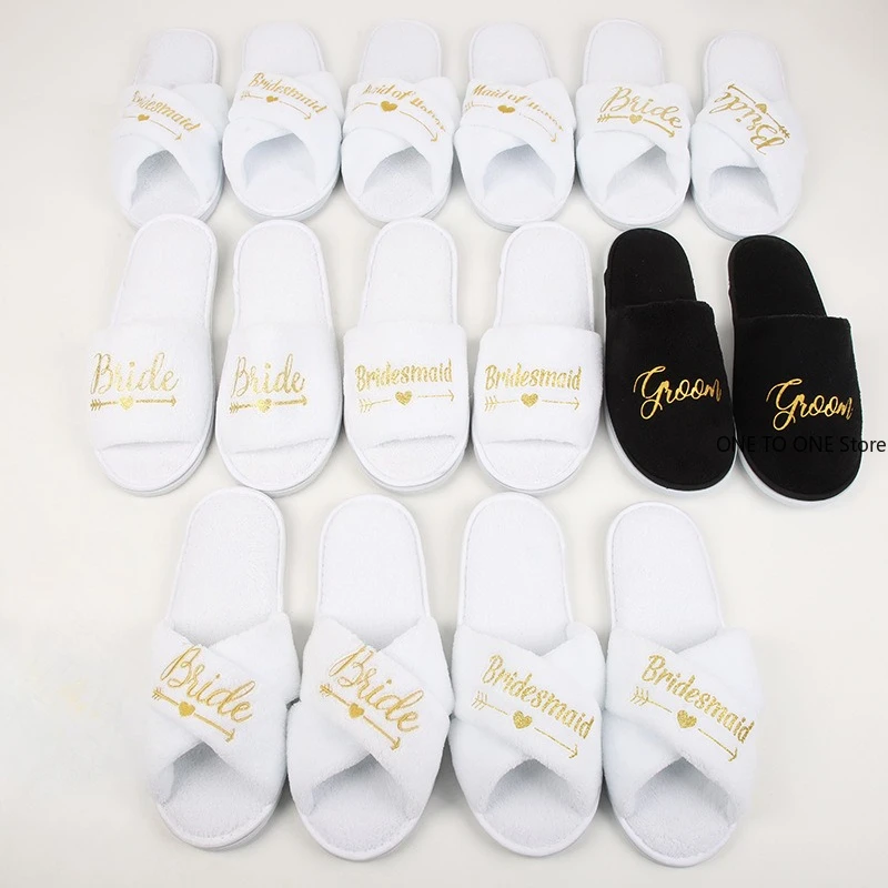 

wholesale Bride & Bridesmaid Wedding Party Guests Home Slip On Shoes Bridal Party Slippers Open-toe With Golden Mint Black White