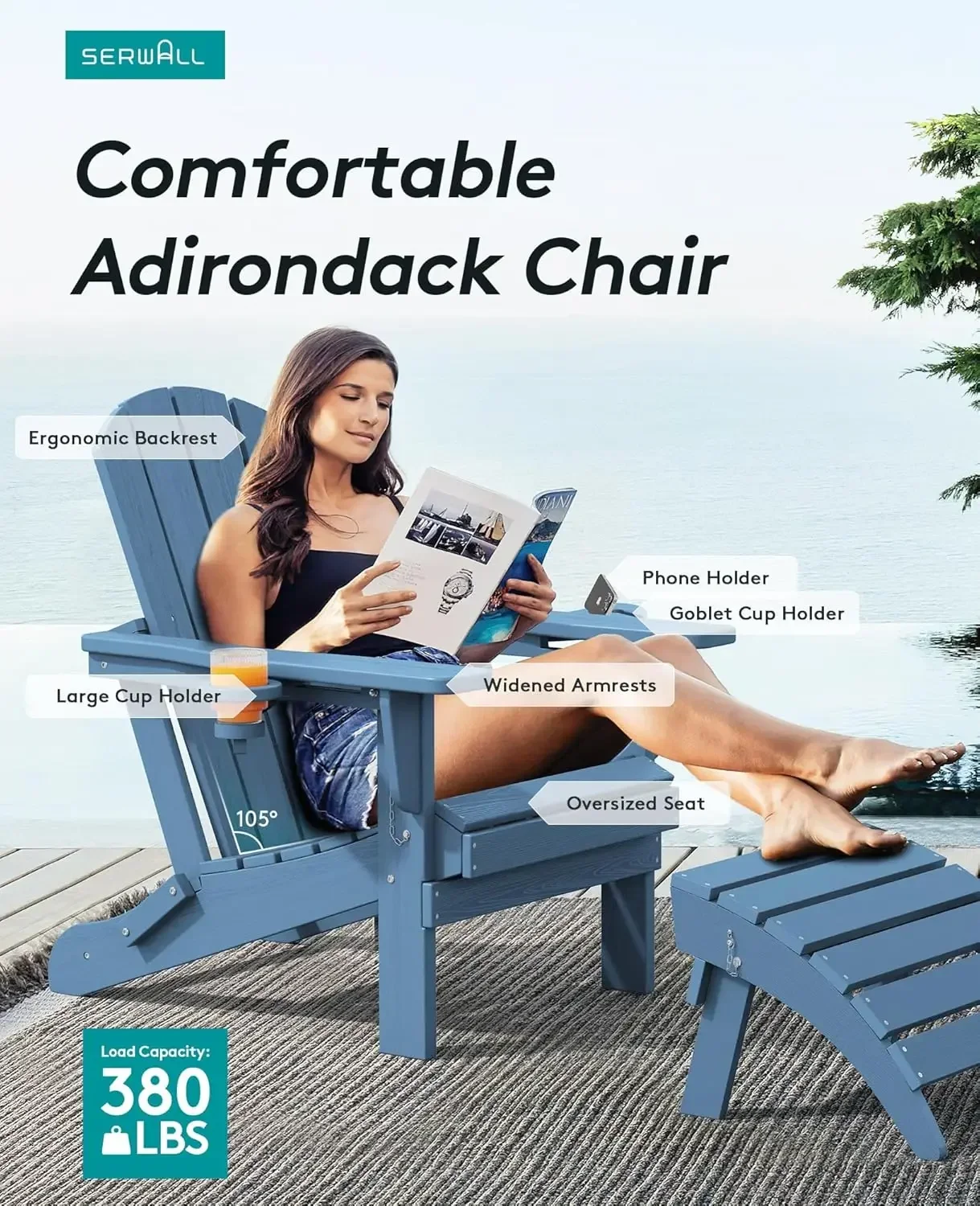 Silla plegable Adirondack, juego de 4 sillas Adirondack de HDPE, sillas de plástico para exteriores, aspecto exactamente como madera auténtica, azul marino