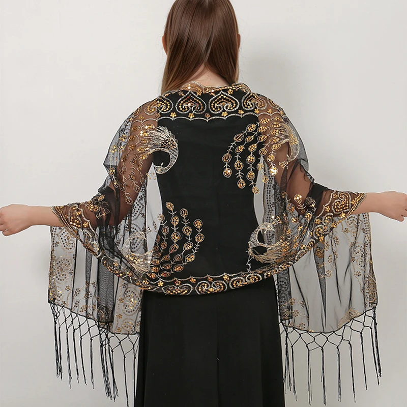 Luxury Sequined Peacock Tassels Scarf Shawls Women Long Cape Thin Summer Sunscreen Uv Protection Wraps Party Style Stoles