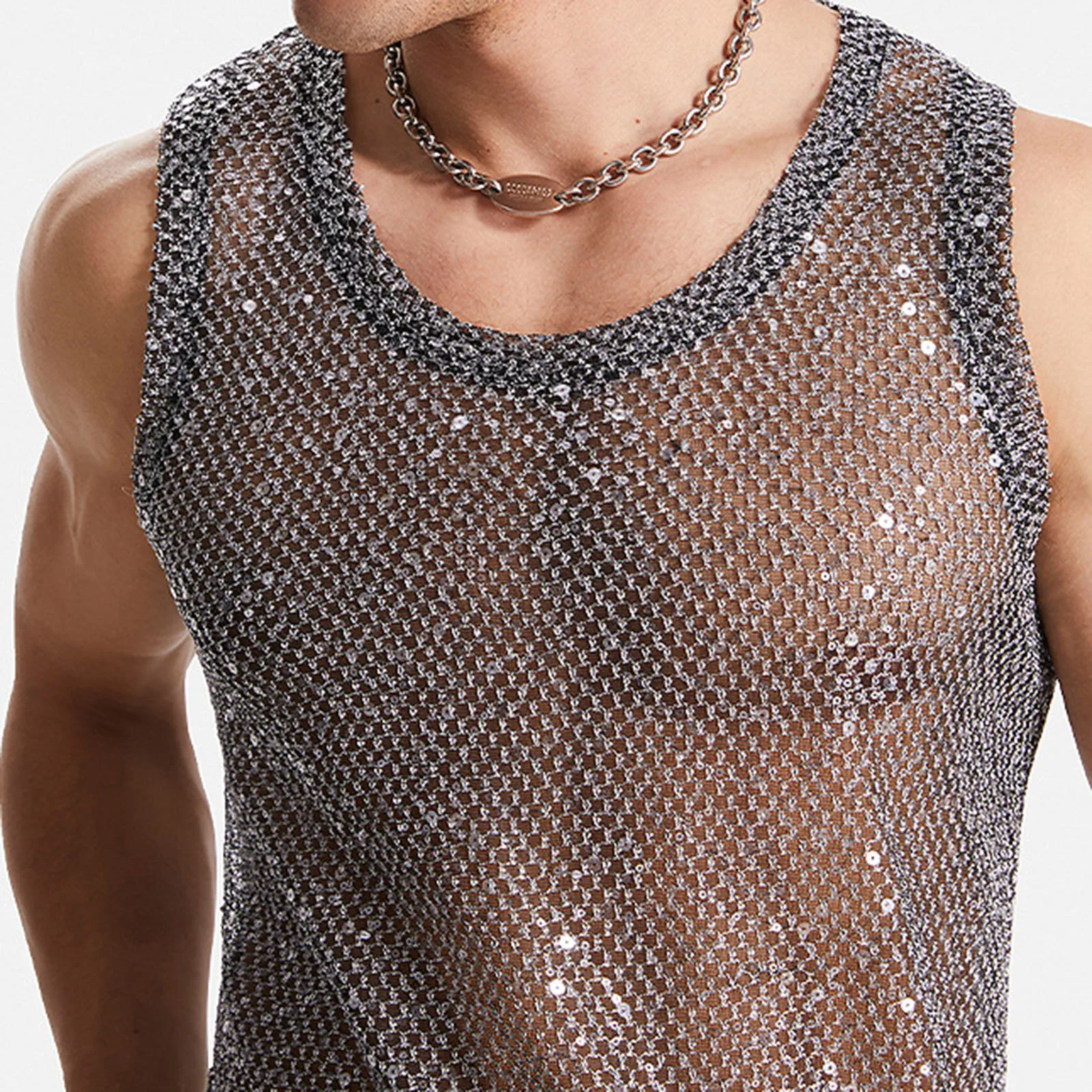 Mens Sexy Shiny Sequin Sheer Mesh Sleeveless Tank Top Stretchy Breathable for Rave Music Festival Night Club Party Performance
