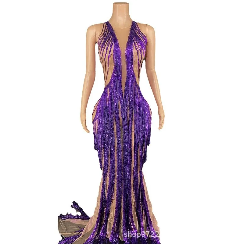 فستان مثير بشراشيب أرجواني لزائدة في يوم رأس السنة الجديدة ملابس أداء المضيف للكبار نموذج المنصة ملابس عصرية تظهر الأزياء #1