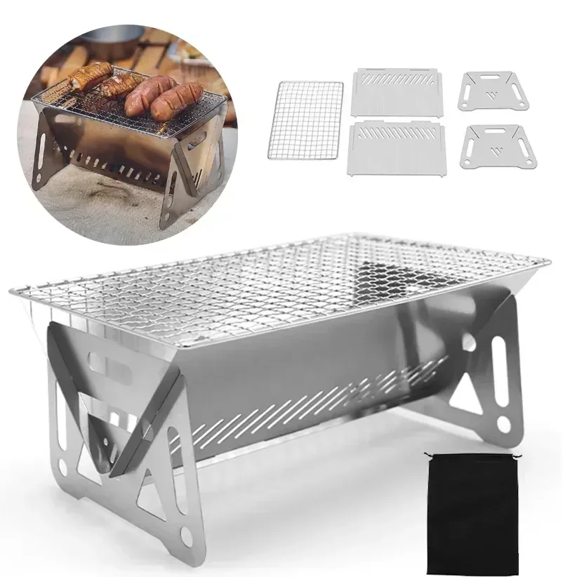 

Portable Folding Barbecue Grill Heating Stoves Multifunction Camping BBQ Grill Rack Net Firewood Stove Stainless steel BBQ Grill