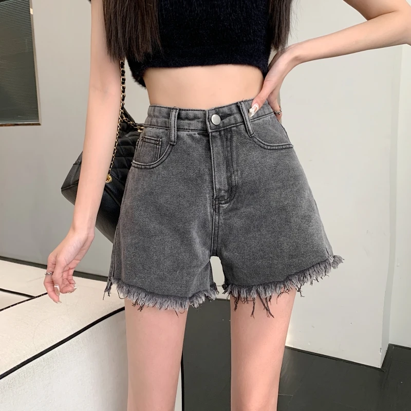 

Summer Denim Jeans Fashion Korean Wide Leg Rough Selvage Wear Elastic Waist Shorts Women High Waist Short Pants Female Pockets